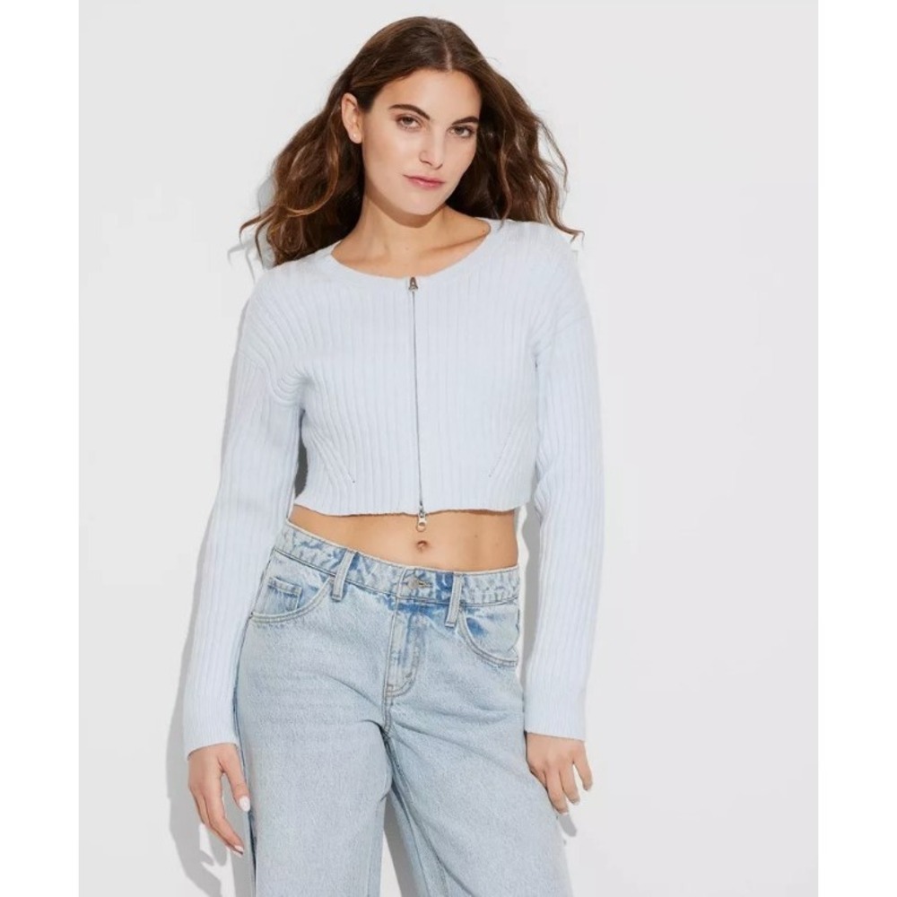 Wild‎ Fable Baby Blue Ribbed Double Zipper Cropped Sweater XXS